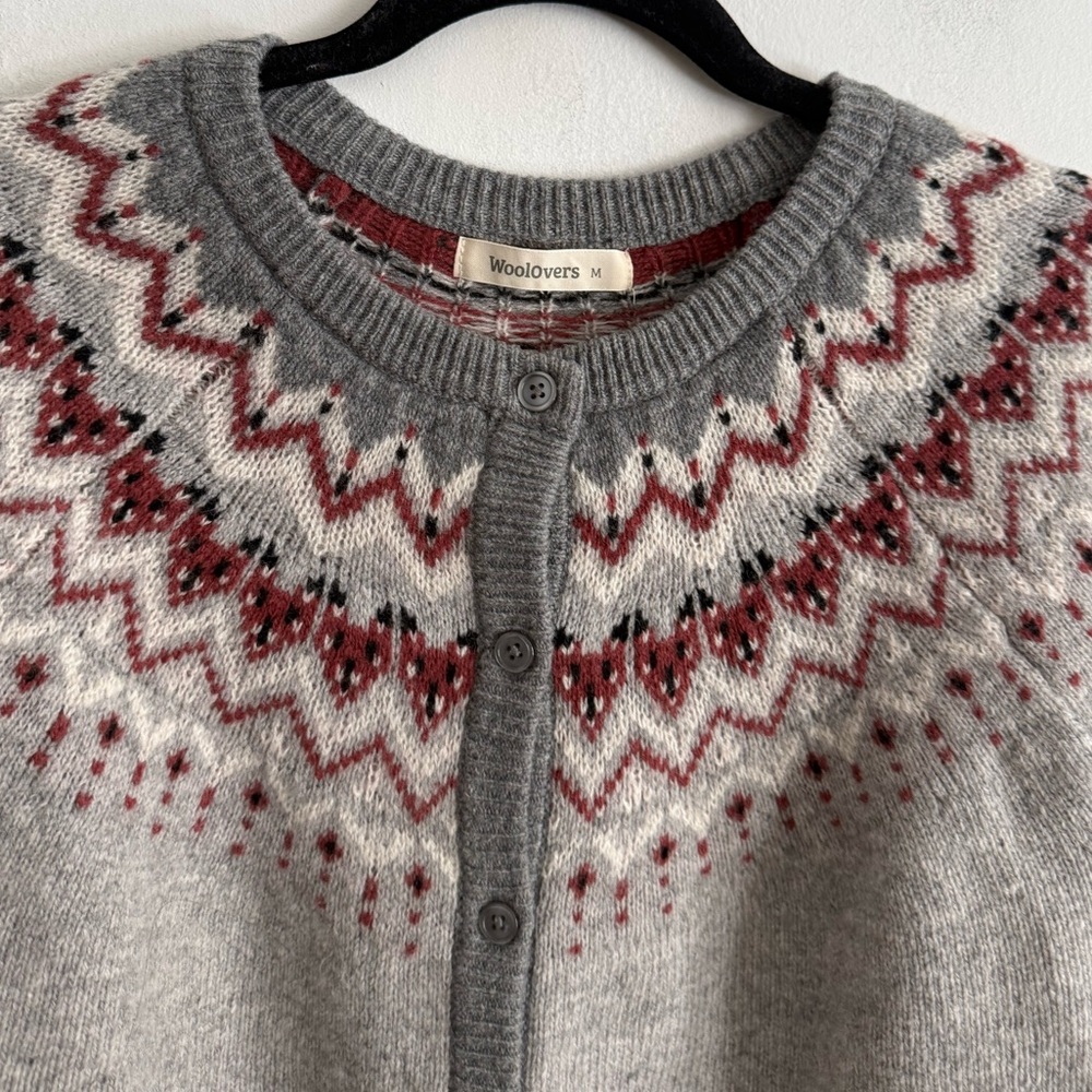 WoolOvers 100% Lambswool Fair Isle
Cardigan Grey Burgundy Size M - Picture 2 of 6